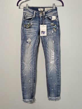 Indigo Rein Blue Skinny Jeans with Jeweled Floral Accents
